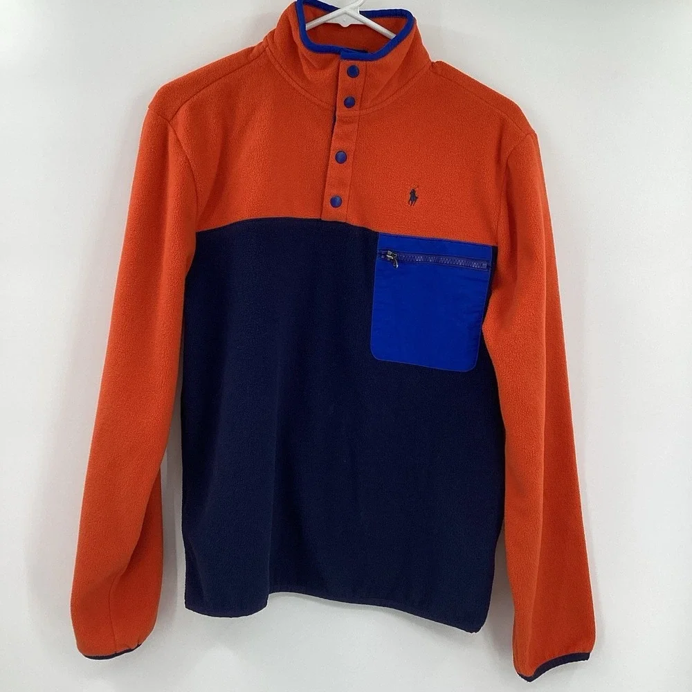Boys Polo Ralph Lauren Snap Fleece Pullover- Navy/Orange/Royal-‎ XL (18/20)